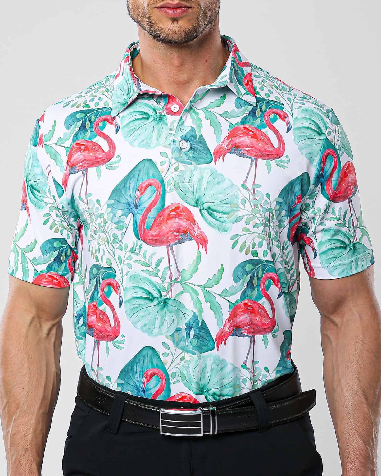 green leaves flamingo golf shirts (1)