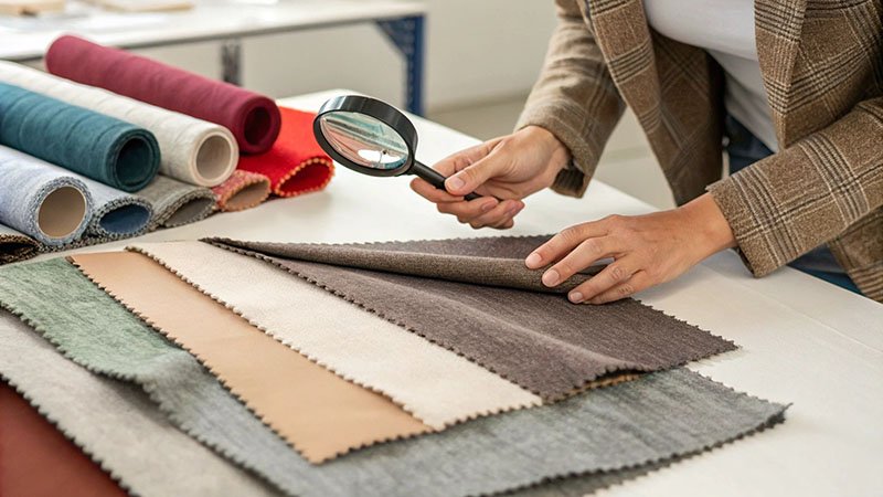 A person closely inspecting the stitching and fabric of a sample golf polo.