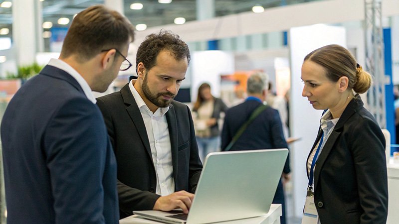 A person researches golf apparel manufacturers on a laptop, with trade show websites open.