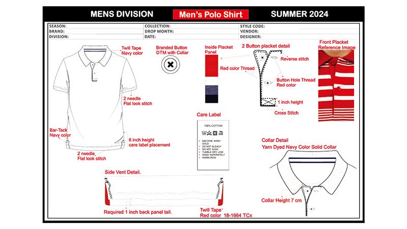 a designer's desk with golf shirt sketches and a tech pack on a computer screen