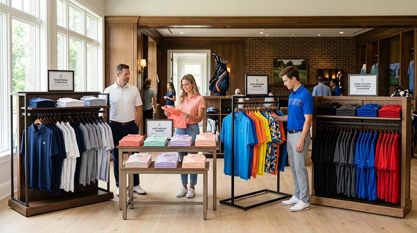 Golf polo color selection by customer profile and golf setting