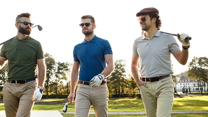 A slim fit and a loose fit golf polo shirt side-by-side