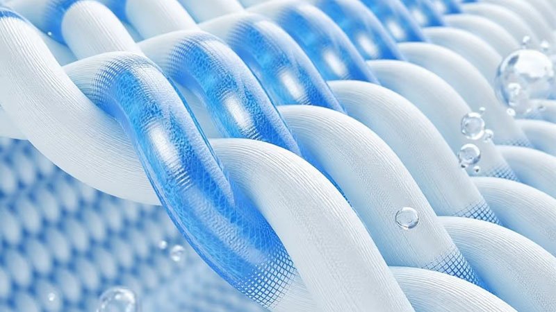 A futuristic graphic showing different fabric technologies like cooling, UV protection, and recycled fibers.