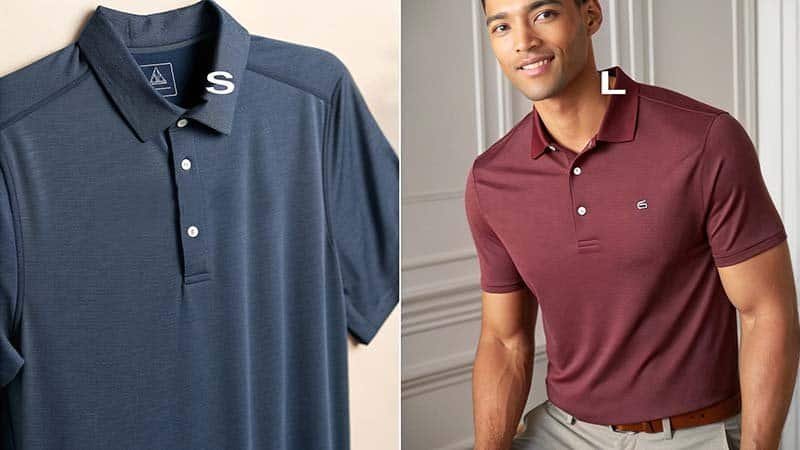 A person trying on two different shirts of the same size, showing the difference in fit between a classic polo and an athletic golf shirt.