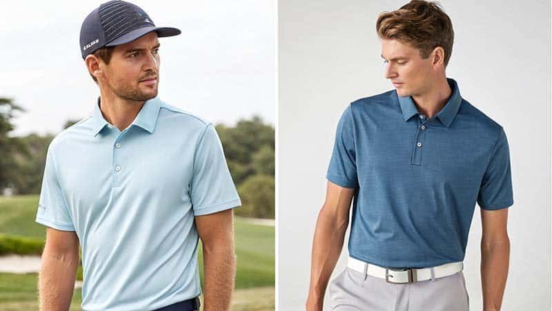 A golfer looking uncomfortable and sweaty in a cotton polo shirt on a sunny day.