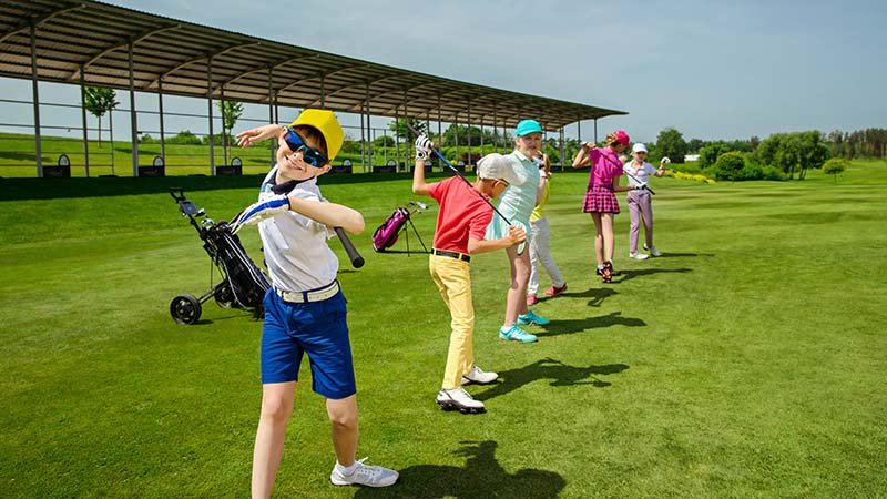 a collage of fun patterns and bright colors suitable for kids' golf apparel